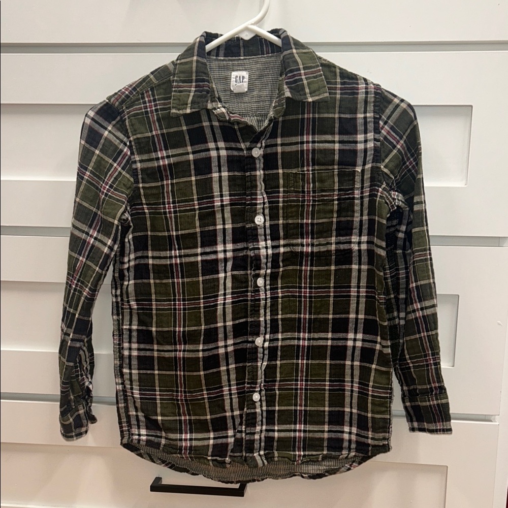 GAP Boy's Olive and Black Plaid Button Down Shirt Size M (8)